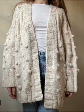 By Together Chunky Knit Bobble Cardigan Cream Oversized Cozy Sweater M/L